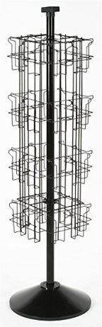 Displays2go Black Wire Rotating Display Rack with 32 Pockets for 4 x 9 Brochures, 57" Free-Standing Rack with Attached Sign Clip (WSFB432)