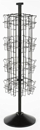 Displays2go Black Wire Rotating Display Rack with 32 Pockets for 4 x 9 Brochures, 57" Free-Standing Rack with Attached Sign Clip (WSFB432)