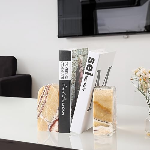 Koville Mexican Natural Marble Bookends for Shelves, Decorative Book Ends, 7lbs Heavy-Duty Marble Book Holders, Bookshelf Apartment Decor for Normal Books/CD/Video Games(Mexico Onyx) - color: Orange Onyx-mexico Onyx, size: 7lb