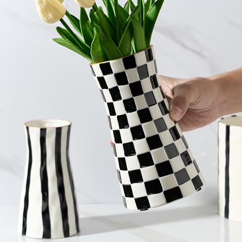 SIDUCAL Elegant Black and White Checkered Pattern Ceramic Vase – Modern Home Décor Flower Vase for Living Room, Office, Dining Room, Shelf, Entryway, Wedding, Table - color: Black and White Checkered