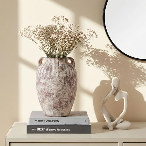 Flower Vase, 8.86 inch Tall Ceramic Vase with 3 Handles Vintage Terracotta Rustic Unique Vase for Bouquet Pottery Barn Decor Large Vases for Decor Livingroom Bathroom Modern Farmhouse(Terra) - color: B-8.86"h-terra