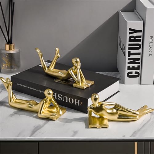 Gold Thinker Statue Reading a Book - Resin Modern Abstract Figurine Home Office Desk Decor, Unique Gift for Book Lovers (Style B) - color: Thinker-gold-b