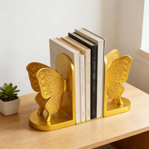 Butterfly Decorative Booknds,Resin Book Ends for Shelves,Gold Heavy Duty Resin Book Stopper for Books,Decorative Book Ends for Shelves,Decor for Desk Home Office.