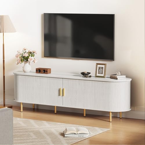 DHH 70.8 Inch Mid Century Modern TV Stand with Power Outlet for TVs up to 80 Inch, Entertainment Center with Storage and Adjustable Shelves, Media Console with Sliding Doors for Living Room(White) - color: White, size: 71 Inch