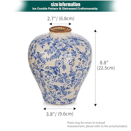 Sungmor Vintage Ceramic Flower Vase - 9.4 Inch Retro Ice Cracked Glaze Chinoiserie Vase, Rustic Farmhouse Home Décor Accent for Dried Flowers, Greenery - Table Centerpieces, Shelf, Mantel Decor - color: Blue&white