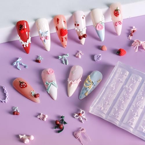 Laza 4pcs Silicone Nail Art Molds, Acrylic 3D Strawberry Bowknot Cherry Nail Charms Molds Clear Modeling Templates Fruit Pattern Nail Tools with Sculpture Pen for Salon Nail Design Resin Epoxy DIY - color: Cherry strawberry