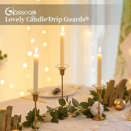 Glasseam Glass Candlestick Bobeches, Set of 12 Gold Rim Drip Protectors, Unique Wax Drip Catchers for Candle Sticks Holder Decor, Small Tapered Candle Rings for Table Decor - color: Gold Rim, size: Curved-12pcs