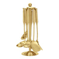 Premium 7-Piece Gold Kitchen Utensil Set with Stand, Stainless Steel Cooking Tools- Dishwasher Safe Ladle, Spoon, Spatula, Pasta Fork, Luxury Brass Kitchen Accessories for Home Chefs (Gold) - color: Gold