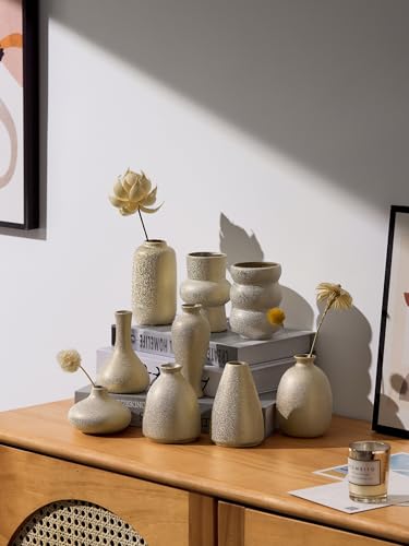 Set of 9 Ceramic Bud Vases for Pampas Grass Flowers, Small Vases in Bulk for Centerpieces Boho Vases for Wedding Decorations Neutral Living Room and Bedroom Decor DIY Gift (Gold) - color: Gold