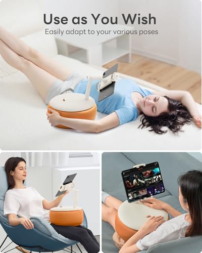 SAIJI Tablet Pillow Stand, Kindle Holder Compatible with 4.7-15.6” Kindle, Phone, Portable Monitor, 360° Adjustable Tablet Stand for Bed with Flexible Dual Axis Arm&Microbead Cushion (Orange) - color: Orange