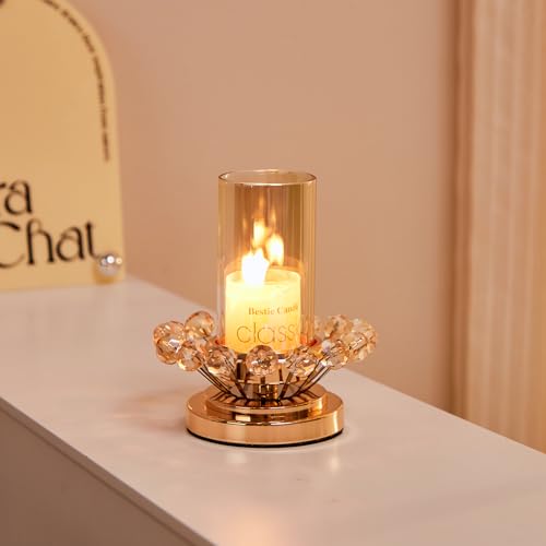 Hurricane Candle Holder, Gold Pillar with Crystal Accents & Windproof Glass Lid - Elegant Centerpiece for Weddings, Dinners, Party Decor - size: X-Small