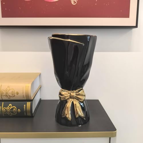 Black and Gold Bow Ceramic Vase - Flower Vases for Home Decor, Bow Decor, Boho Style, 9.65 Inch Flower Vases for Bouquet, Large Vase for Ideal Shelf Decor/Table (Black and Gold, Large) - color: Black and Gold