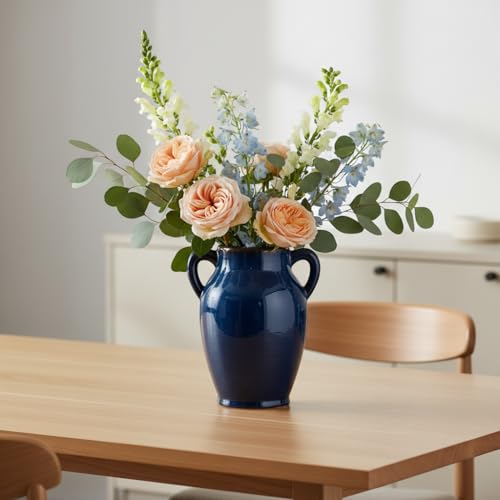 Sunddo Blue Ceramic Vases for Home Decor - 8 inch Blue Flower Vase with Handles, Farmhouse Country Vase for Pampas Grass, Fireplace, Centerpieces, Living Room, Table, Shelf Decor - color: Retro Blue - 8, size: 8 Inch