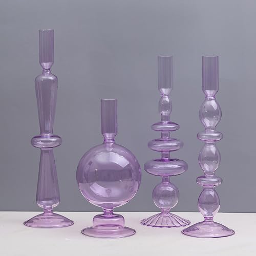 Candle Stick Candle Holder, Glass Candle Holders for Table Centerpiece, Modern Style Purple Candle Holder Mixed 4pcs - color: Purple