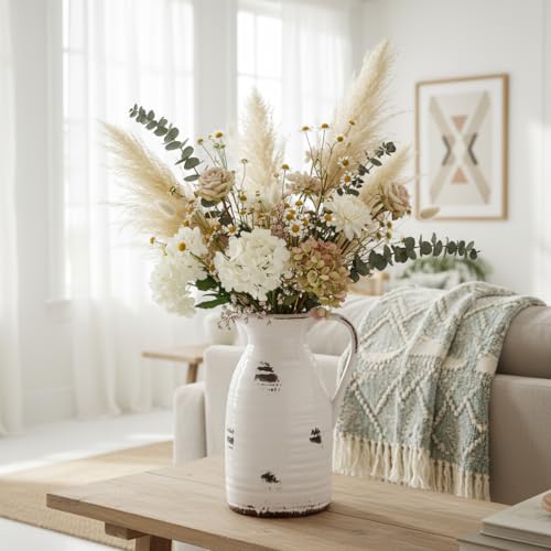 hjn Farmhouse Pitcher Vase for Flowers- Ceramic Pitcher Vase Decrative Pitchers for Your Kitchen/Home Decor/Office/Living Room/Bookshelf/Mantel/-White and Antique - color: White and Qntique Pitcher Vase