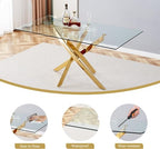 7 Piece Rectangular Glass Dining Table Set, 63'' Modern Kitchen Table Set Gold Base with 6 Luxury Pink Gold Boucle Dining Chairs, Dining Table and Chairs for Home, Apartment - color: Golden+pink Gold Chairs, size: 63'' + 6 Chairs