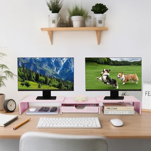 LEKETREE Dual Monitor Stand Riser with Drawer, Desk Organizer and Accessories, Pink Monitor Stand for Desk, Desktop Stand for Computer, Laptop, TV and More (Pink) - color: Pink