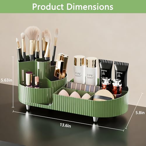 Rotating Makeup Organizer for Vanity with Brush Holder, Cosmetic Makeup Storage Organizer, Large Spinning Makeup Skincare Organizer, Countertop Makeup Perfume Organizer, Lotions Display Case Green - color: Green