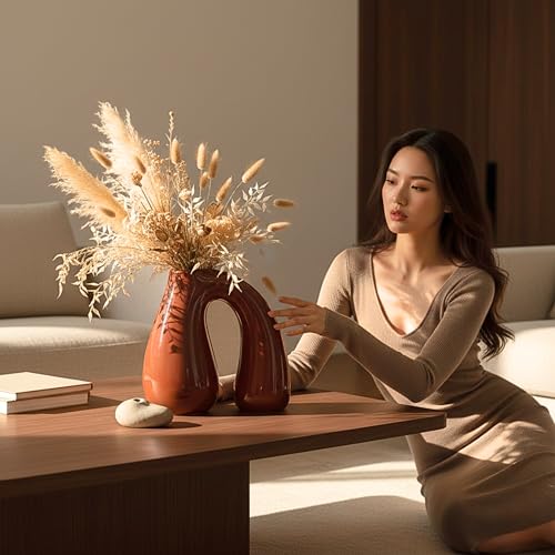 Brown Ceramic Vase for Modern Home Decor, 7.5" Sculptural U-Shape Pitcher Vase with Arch Handle, Small Earth-Tone Aesthetic Flower Vase for Pampas Grass, Dried Flowers, Shelf Entryway Decor PROBENEX - color: Brown