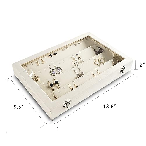 Frebeauty Earring Organizer Tray with Clear Lid 64 Slots Velvet Drawer Insert Earring Storage box with Transparent Glass lid Jewelry Display Case Store Showcase Gifts for Women(Beige, Earrings) - color: Beige, size: 64 Slots