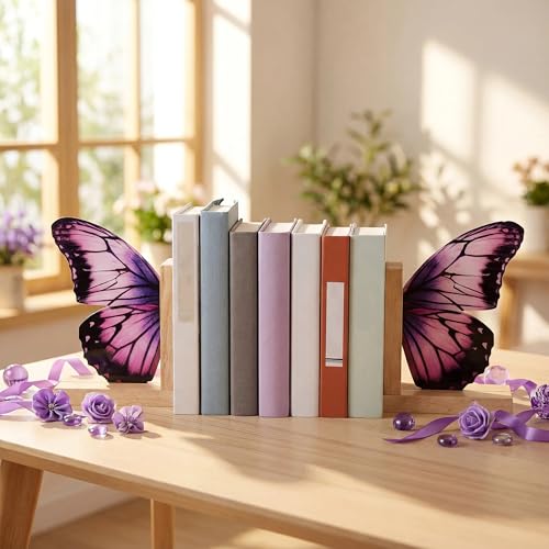 Decorative Butterfly Bookends Wooden Acrylic Butterflys Bookend Modern Bookshelf Decor Accent Book Stopper Decor for Home Farmhouse Shelves Office Lover Gift(Purple Butterfly) - style: Purple Butterfly