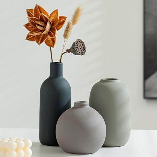 Ceramic Vase Set of 3 - Small Modern Minimalist Ceramic Bud Vases for Home Decor - Boho Aesthetic Flower Vases for Desk, Shelf & Table, Mantle, Bookshelf (Cute & Versatile) (Neutral Mix) - color: Neutral Mix