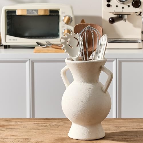 LUKA Antique Ceramic Vase with 2 Handle,9.25 inches Rustic Vase Minimalist Decor, Decorative Vases for Home Decor, Table, Living Room, Shelf, Christmas Decoration(Large,White) - color: L-white(9.25 In)