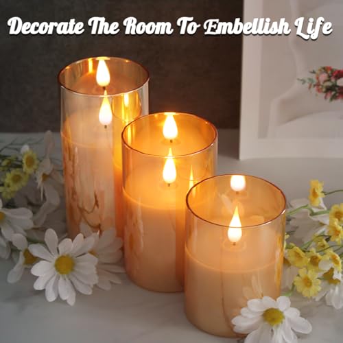 Rechargeable Flameless Candle, Flashing LED Pillar Real Wax Candle with Remote Control and Timer, Upgraded Teardrop Wick, Gold Glass Electronic Candle, 1 Set of 3 - color: Gold Glass-Droplet