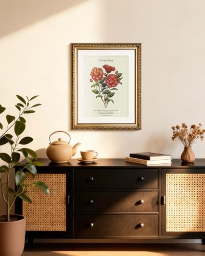 HUARCEY Vintage Camellia Floral Framed Canvas Wall Art 13x16, Embossed Gold Frame Classic Botanical Flower Illustration Print, Elegant Traditional Living Room Bedroom Home Decor - color: Camellia, size: 16"L x 13"W