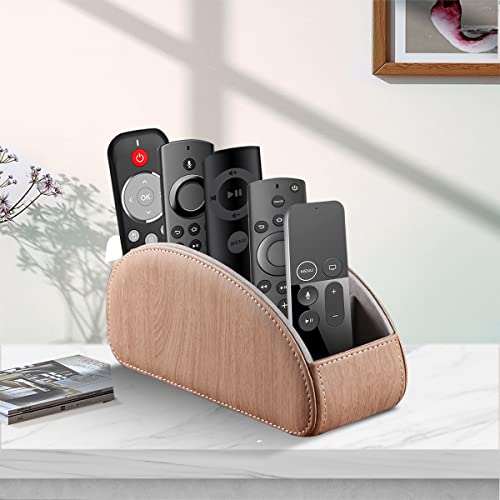 YAPISHI All-in-One Leather TV Remote Control Holder With 5 Compartments Nightstand Desktop DVD Media Player Remote Caddy Storage Box Organizer Tray For Makeup Brush Pen Stationary Table Controllers - color: Khaki, size: Small