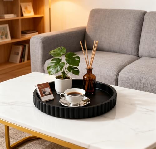 Concrete Decorative Tray for Coffee Table Tray Decor - Charcoal Black Round Decorative Tray - Circle Fluted Centerpiece Tray - Bandejas Decorativas - Water-Proof & Heavy-Duty