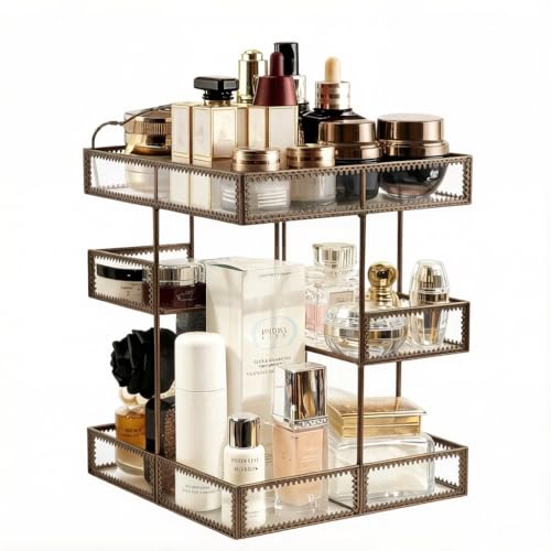 Hersoo 360 Rotating Glass Makeup Organizer, Spinning Vanity Cosmetic Storage with Multi-Layer Compartments, Luxury Countertop Rotating Makeup Holder for Skincare, Perfume, Cosmetics - color: Brass