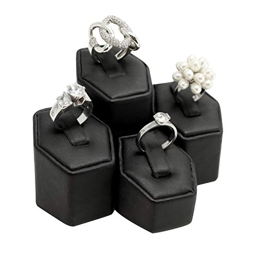 MOOCA Jewelry Ring Stand Holder Display Set, Ring Holders for Jewelry Organizer Stand Pedestals Display 4 Pcs Set, Black Faux Leather - color: Black Faux Leather