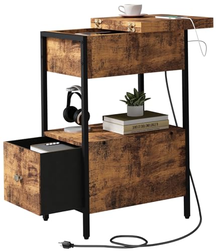 SOOWERY End Table with Charging Station, Narrow Side Table with Flip Top Cabinet and Fabric Drawer, Nightstand Bedside Tables for Small Spaces, Bedroom, Living Room, Rustic Brown - color: Rustic Brown