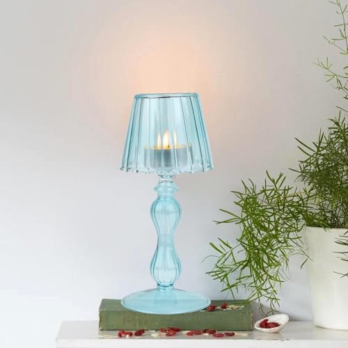Gurfuy Desk Lamp Shaped Glass Candle Holder - Glass Hurricane Candleholder Crystal Decorative Candle Stand for Table Wedding Dinning Centerpieces Party Supplies Festival Decor Blue - color: Blue