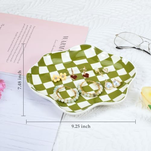 Koythin Jewelry Tray, Ceramic Jewelry Dish Trinket Tray Organizer, Checkered Pattern Aesthetic Decorative for Kitchen, Bathroom (Green Plaid) - color: Green Plaid