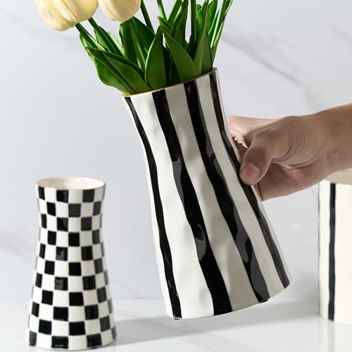 SIDUCAL Elegant Black and White Striped Ceramic Vase – Modern Home Décor Flower Vase for Living Room, Office, Dining Room, Shelf, Entryway, Wedding, Table - color: Black and White Stripes