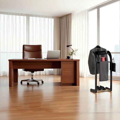 Suit Valet Stand for Men, Wood Mens Valet Stand with Base, Contour Hanger, Tray, Trouser Bar and Tie Bar, Clothes Valet Stand for Bedroom Entryway Home Living Room Office (Black) - color: Black