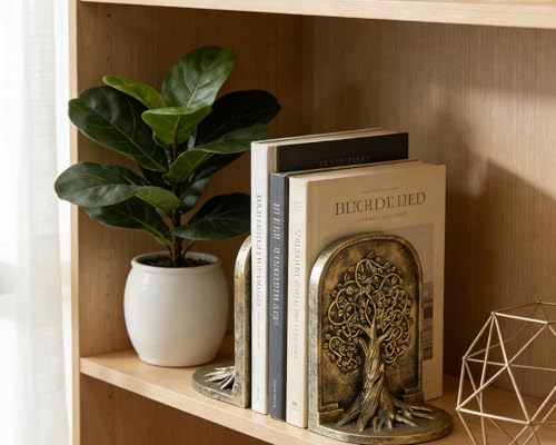 Tree of Life 3D Bookends with Intricate Details, Solid Resin Construction Non-Slip Design, Antique Gold Decor for Home Library, Office - color: Antique Gold