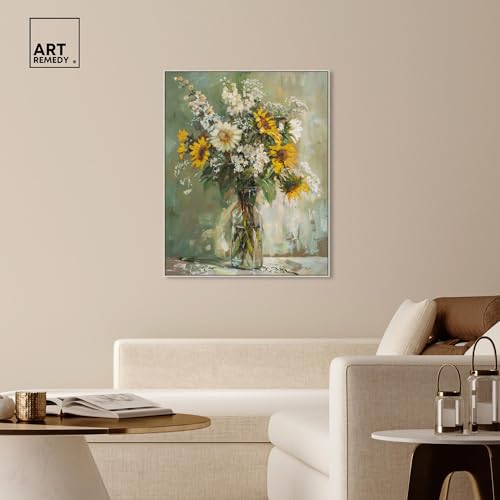 Art Remedy Sunflowers In A Glass Vase Canvas Vintage Farmhouse Wall Art, Silver Frame, 36" x 45" - color: Silver Frame, size: 46"L x 37"W