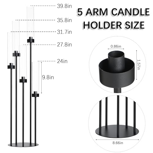 39.8''Matte Black Candle Holder with Acrylic Shades Tall 5 Arm Candelabra Black Table Centerpiece for Wedding Living Dining Room Fireplace Decoration Fit 0.98''LED Taper - color: Black, size: 1pcs