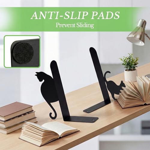 Sanwarm Metal Bookends Cat Vintage Black Fun Book Ends Decorative Bookend for Home Office Library Desk Book Shelves Decor, Gift for Reading Enthusiasts Non-Skid Book Stoppers Holder (1 Pair) - color: Black Cat 3