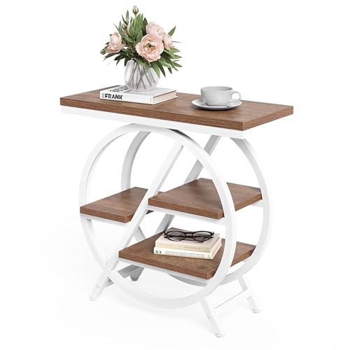 LITTLE TREE End Table, Narrow Side Table with 4-Tier Large Storage Space, Modern Bedside Table for Living Room, Home Office, Bedroom, Brown and White - color: Brown and White