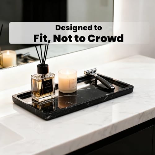 WeDoDecor Luxury Real Black Marble Bathroom Small Tray Vanity Decorative Rectangular Stone Tray for Countertops Dresser Guest Towels Holder Makeup Cologne Organizer for Toilet Tank Bathroom Accessory