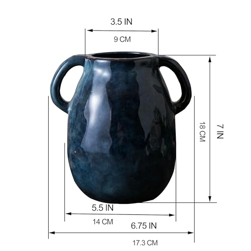Blue Ceramic Vase with 2 Handles for Modern Farmhouse Home Decor, Vintage Rustic Decorative Vases, Small Vase for Fresh and Dried Flowers, Centerpiece Table Decorations, 7 Inch - color: 1 Blue Handles