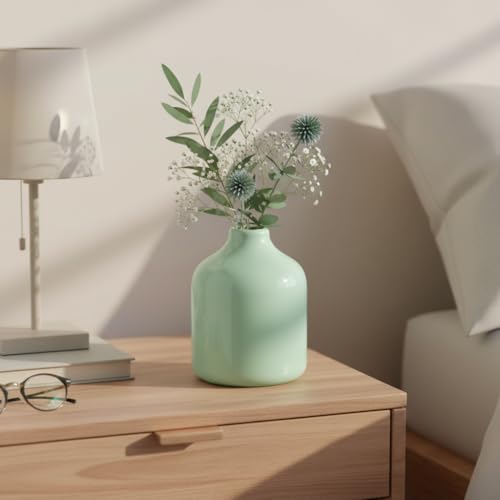 Sunddo Small Green Flower Vase for Home Decor - 5 Inch Cute Modern Centerpieces Vases, Ceramic Bud Vase for Living Room, Book Shelf, Window Sill Decor, Bathroom, Bedroom, Table Decor - color: Light Green, size: 5 inch