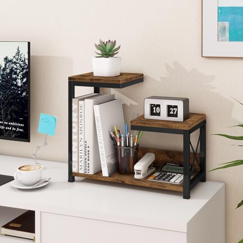 ELITEROO Desktop Shelf Organizer, 3 Tier Office Shelves, Wood Desk Organizers Storage Rack and Freestanding Display Shelf for Office, Dormitory, Home, Rustic Brown - color: Rustic Brown