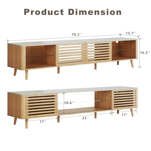 HUAHUU 70" TV Stand for 55/65/75 Inch TV, Faux Marble Top Entertainment Center with Slatied Sliding Door & LED Lights, Mid Century Modern Style, Low TV Console with Glass Shelves for Bedroom