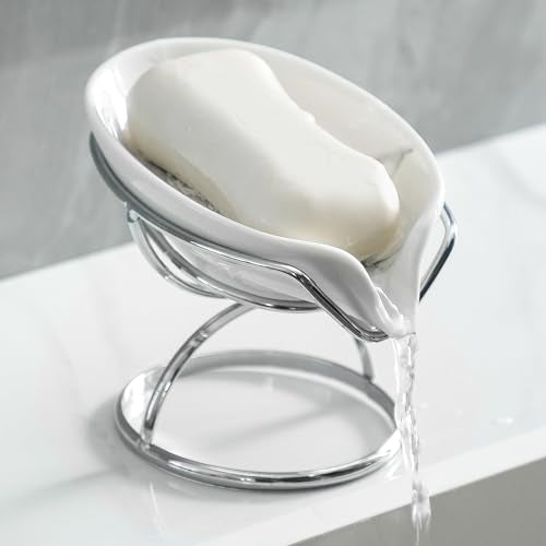 Dobbyby Leaf-Shaped Soap Dish – Premium Ceramic Soap Bar Holder with Self-Drainage System – Bar Soap Holder for Shower, Bathroom Sink, Kitchen – Waterfall Soap Dish with Stainless Steel Stand (SLIVER) - color: Sliver