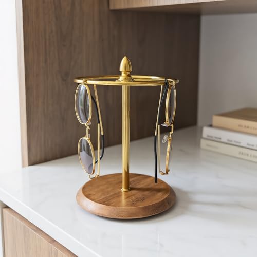 Glasses Stand for 12 Pairs, Sunglasses Organizer Rack, 2-in-1 Eyewear Display & Jewelry Tray Base for Entryway Vanity Nightstand, Modern Home Dresser Decor (Wood+Gold) - color: Wood+Gold